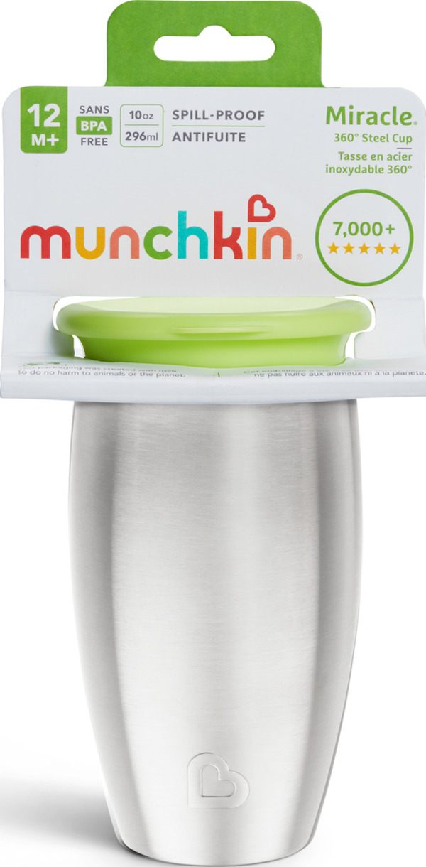 Munchkin Miracle Bicchiere 360° In Acciaio Inox – 300 Ml, Viola, Antirovescio, Per Bambini Da 12 Mesi, Senza Beccuccio