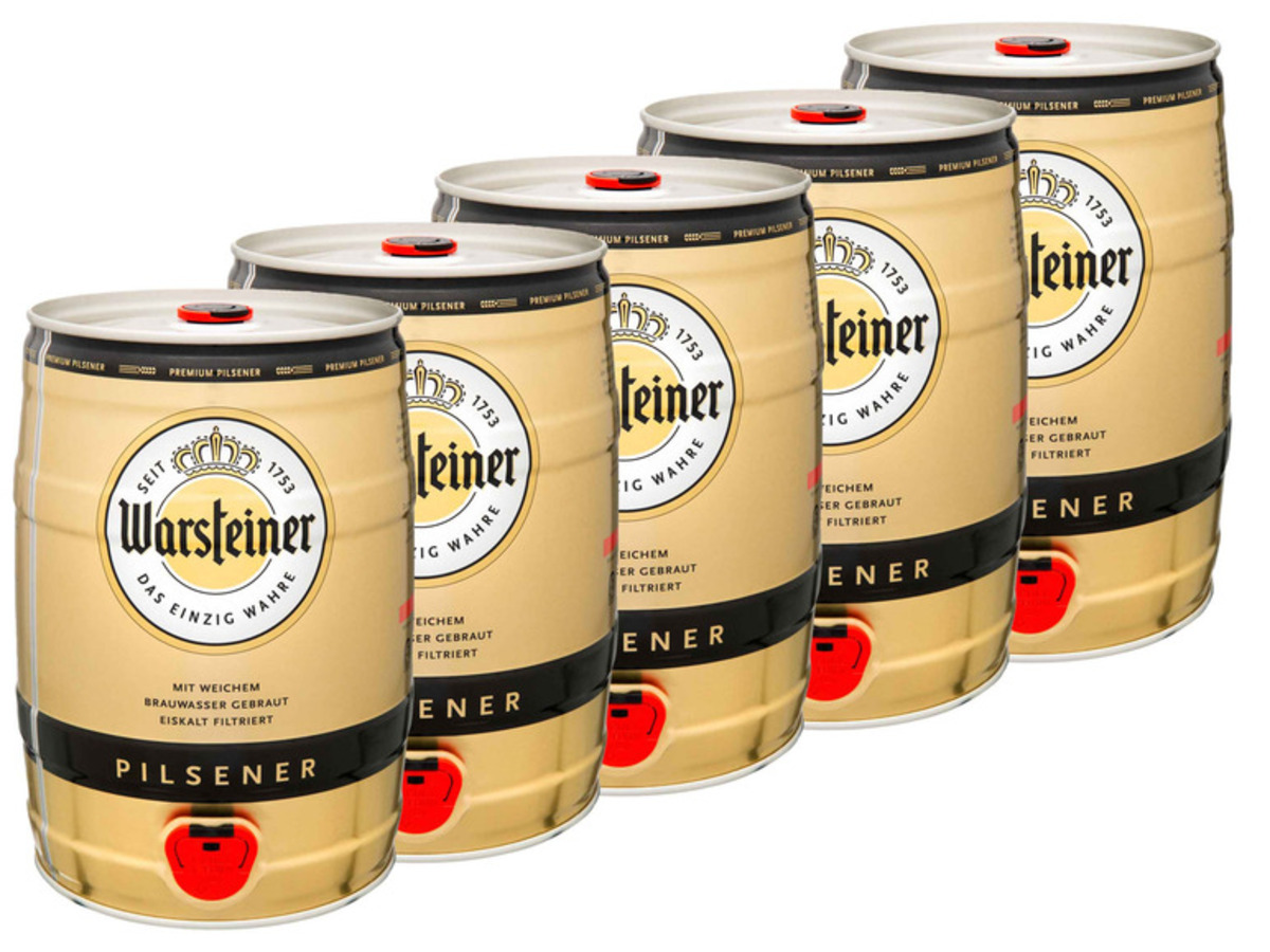 Bild 1 von 5 x 5,0-l-Bierfass Warsteiner Premium Pilsener mit Zapfhahn, 
         25-l