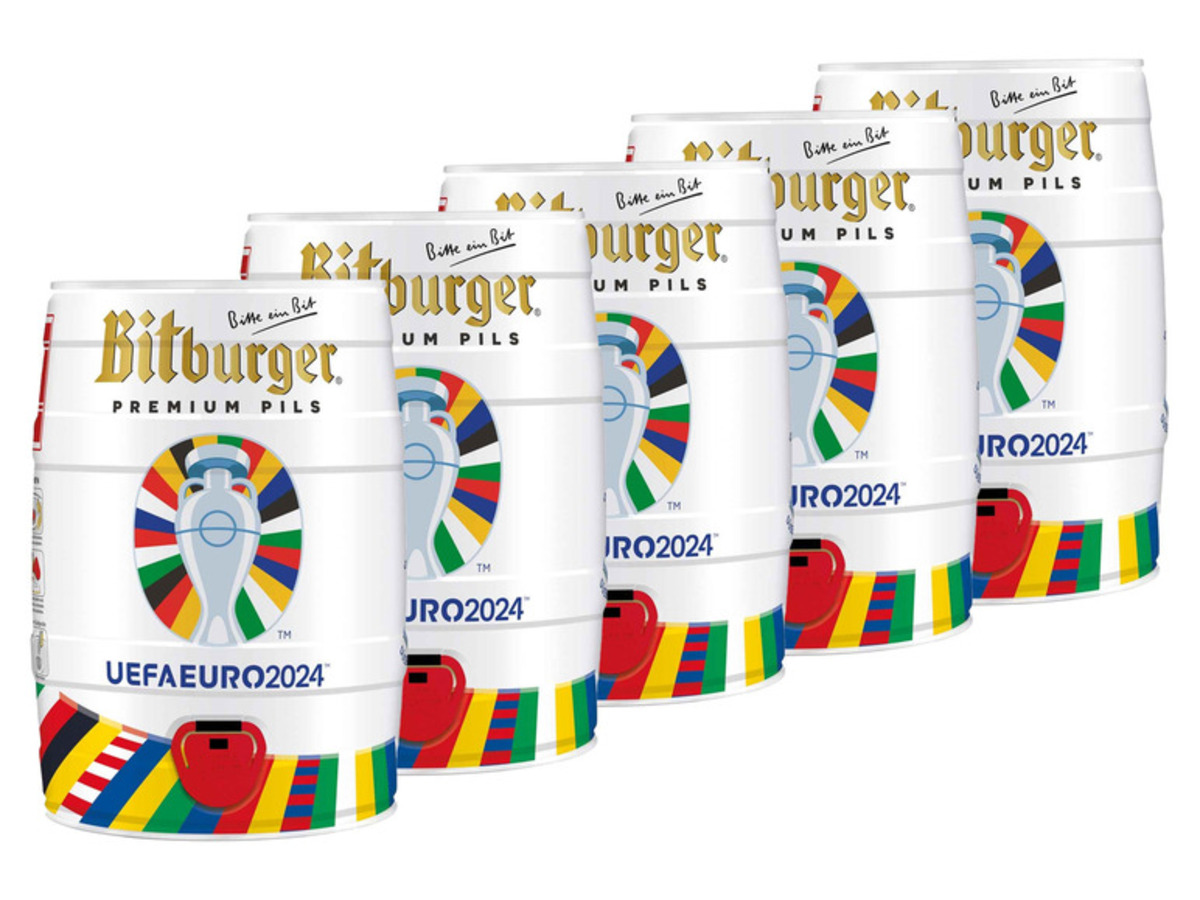 Bild 1 von 5 x 5,0-l-Bierfass Bitburger Premium Pils 5 Liter Bierfass mit Zapfhahn, Pfandfrei, 
         25-l