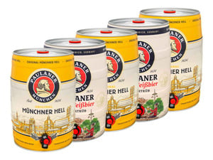 5 x 5,0-l-Bierfässer Paulaner Mix (3 x Münchner Hell & 2 x Hefe-Weißbier), 
         25-l