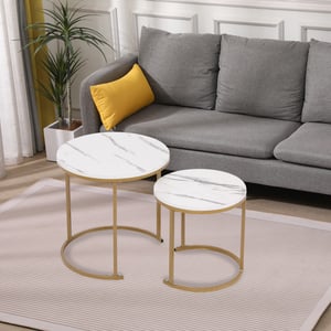 Happy Home Satztisch Couchtisch Beistelltisch 2 tlg. HWT51-WEI Marmor Weiß Dekor Gestell Gold