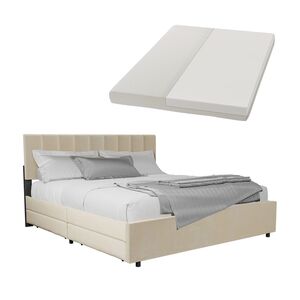 Juskys Samt Polsterbett Soria 180x200 cm mit Matratze, Lattenrost & Schubladen - Bett Beige