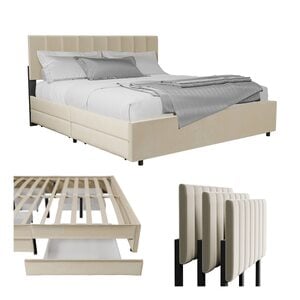 Juskys Samt Polsterbett Soria 180x200 cm mit Lattenrost, Kopfteil & Schubladen - modernes Bett Beige