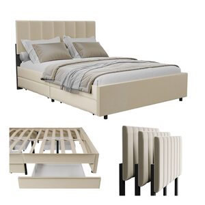 Juskys Samt Polsterbett Soria 140x200 cm mit Lattenrost, Kopfteil & Schubladen - modernes Bett Beige