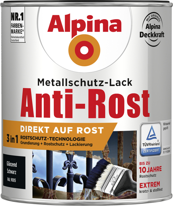 Bild 1 von Alpina Metallschutz-Lack Anti-Rost 750 ml schwarz glänzend