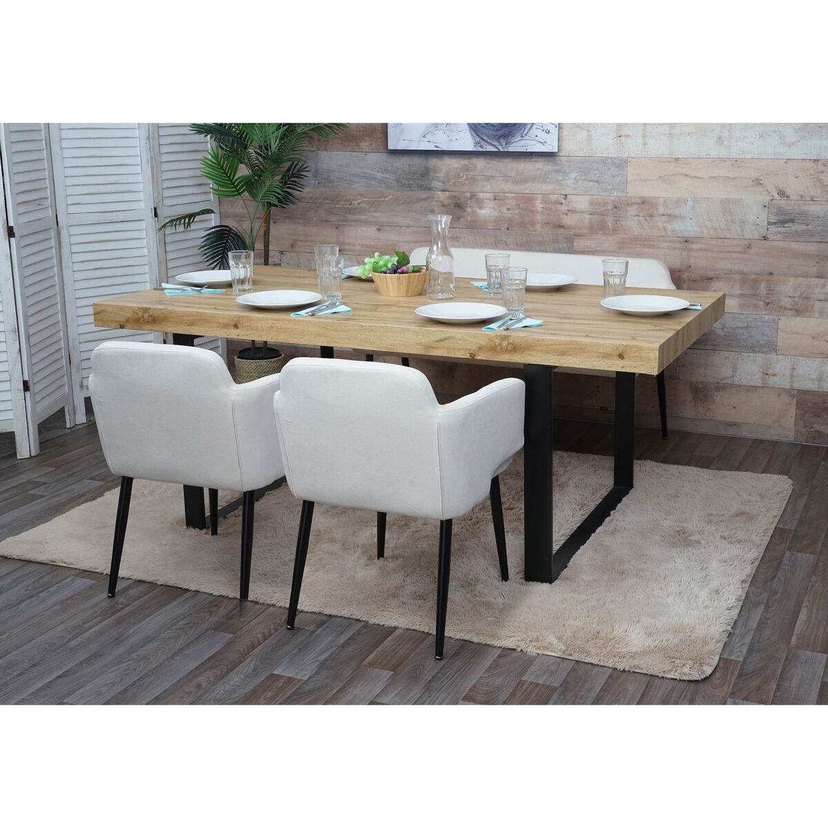 Bild 1 von Esszimmer-Set MCW-L13, 2er-Set Stuhl+Sitzbank Esszimmergruppe Sitzgruppe Esszimmergarnitur, Stoff/Textil ~ creme-weiß