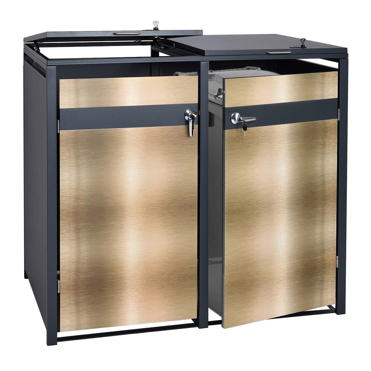 Bild 1 von 2er Mülltonnenverkleidung MCW-J82, Mülltonnenbox, erweiterbar, Metall 50kg, anthrazit ~ gold