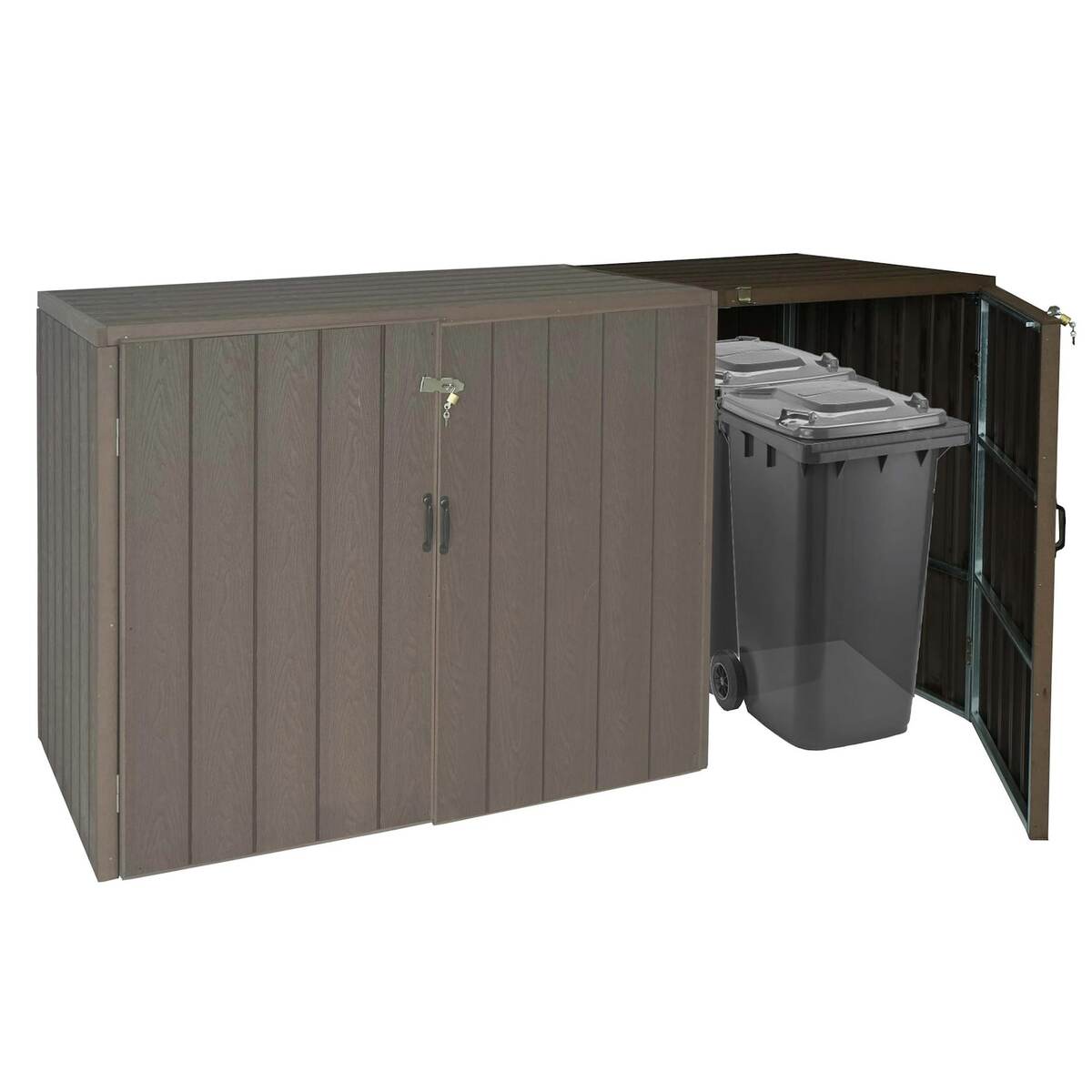 Bild 1 von XL 1er-/2er-WPC-Mülltonnenverkleidung Erweiterung MCW-J28, Premium Mülltonnenbox, Metall Holzoptik ~ braun