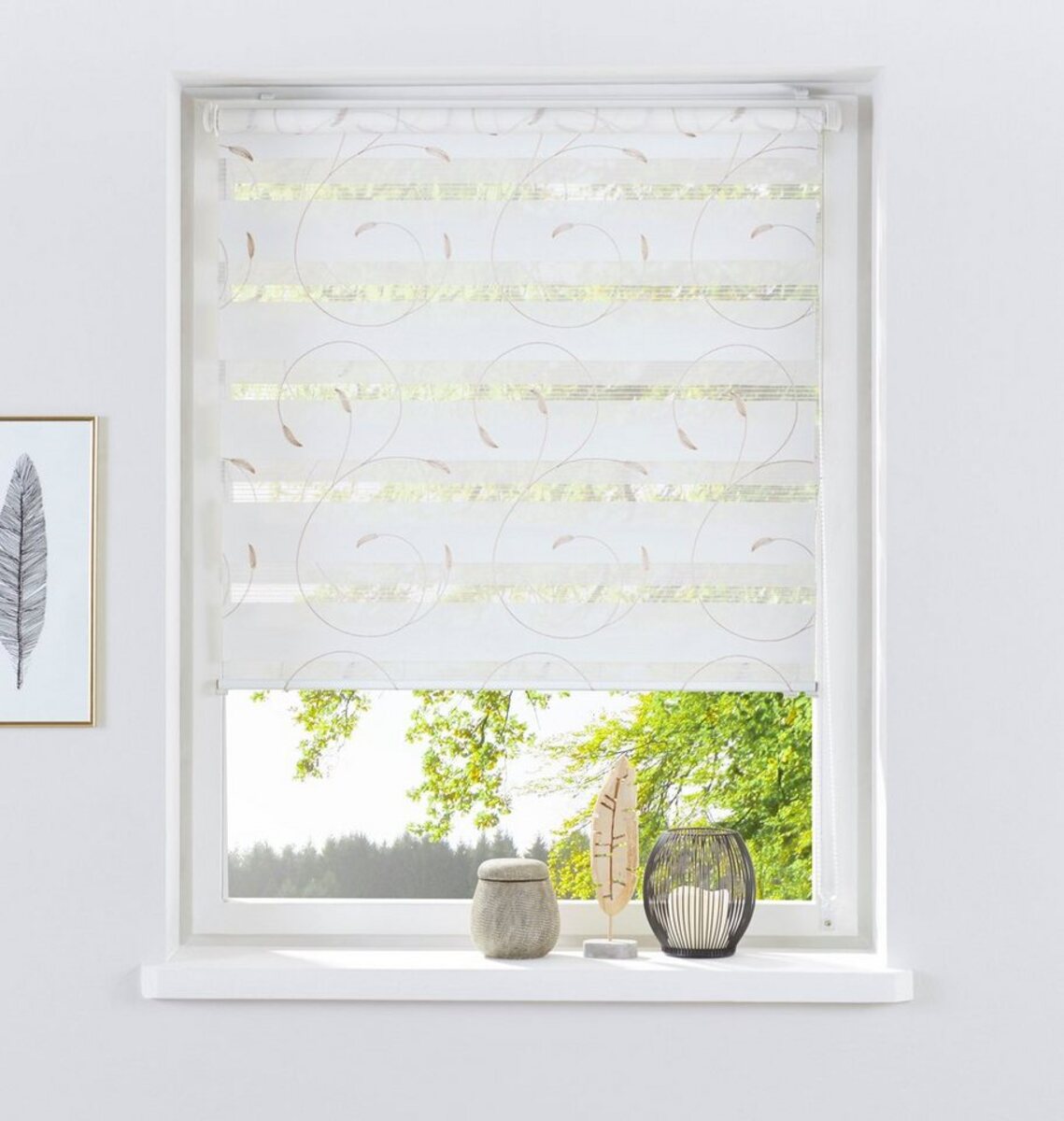 Bild 1 von Doppelrollo Clara, my home, Lichtschutz, ohne Bohren, freihängend, Klemmfix, im Fixmaß, mit Stickerei, Ranken, floral, bestickt, Klemmträger