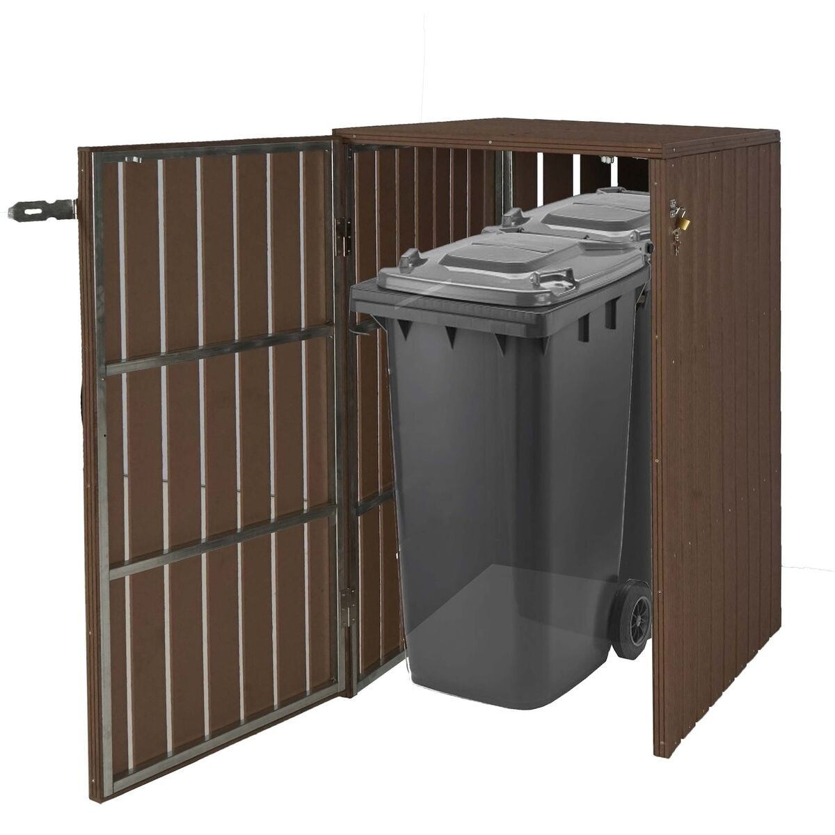 Bild 1 von XL 1er-/2er-WPC-Mülltonnenverkleidung MCW-J28, Mülltonnenbox, Metall Holzoptik, erweiterbar ~ braun