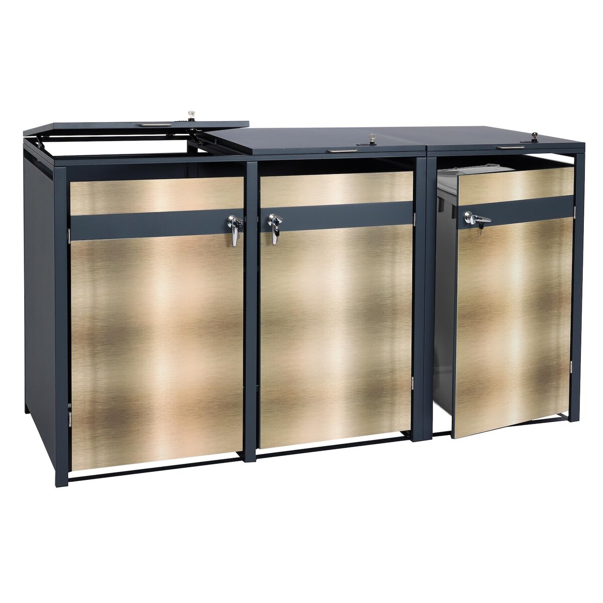 Bild 1 von 3er Mülltonnenverkleidung MCW-J82, Mülltonnenbox, erweiterbar, Metall 80kg, anthrazit ~ gold