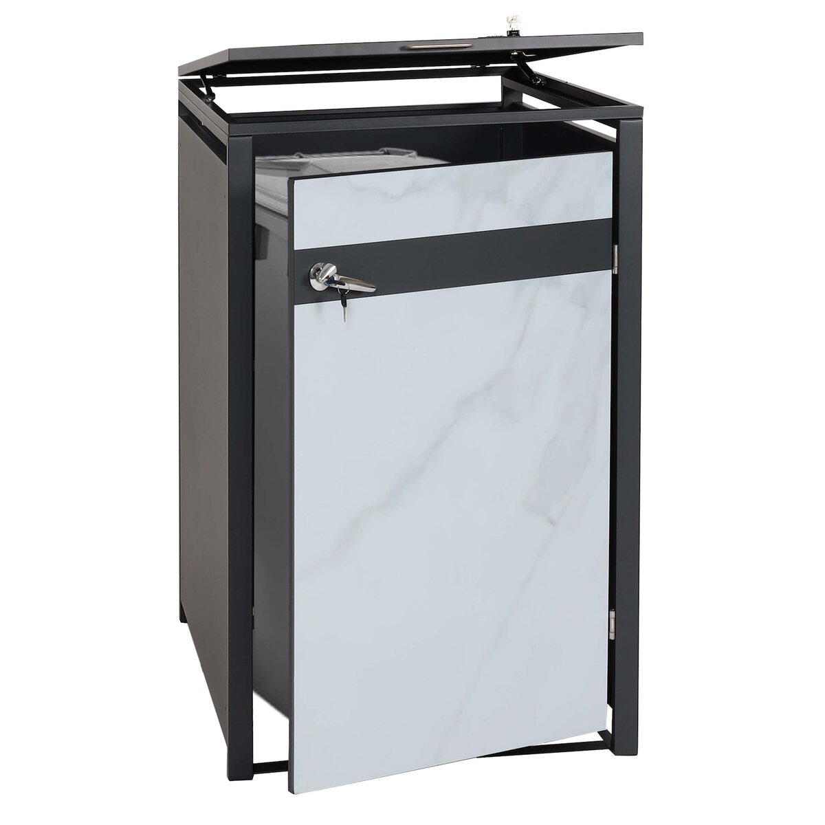 Bild 1 von 1er Mülltonnenverkleidung MCW-J82, Mülltonnenbox, erweiterbar, Metall 32kg, anthrazit ~ Marmor-Optik hell