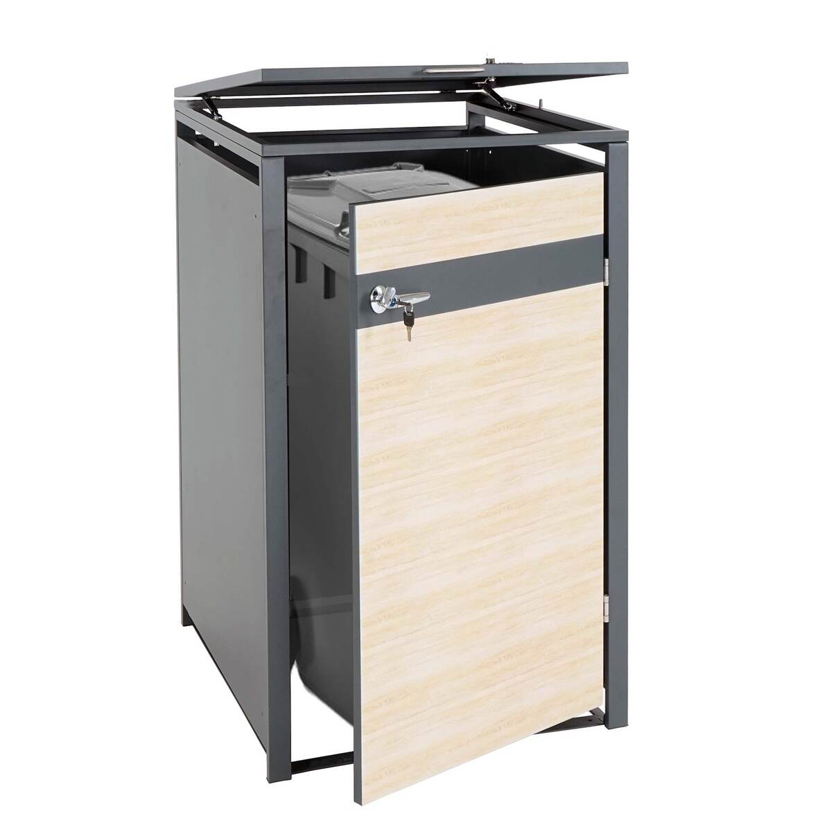 Bild 1 von 1er Mülltonnenverkleidung MCW-J82, Mülltonnenbox, erweiterbar, Metall 32kg, anthrazit ~ Buche-Holzoptik hellbraun