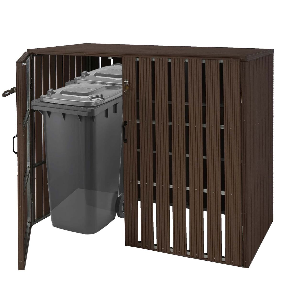 Bild 1 von XL 2er-/4er-WPC-Mülltonnenverkleidung MCW-J28, Mülltonnenbox, Metall Holzoptik, erweiterbar ~ braun