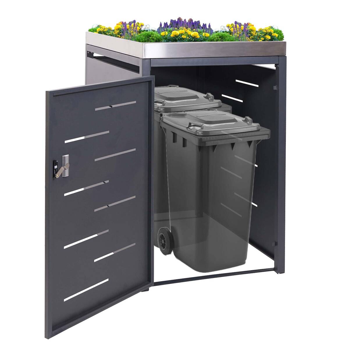 Bild 1 von XL 1er-/2er-Mülltonnenverkleidung MCW-H40, Mülltonnenbox, Pflanzkasten Edelstahl-Metall 40kg 125x75x102cm erweiterbar