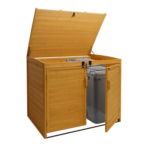 Bild 1 von XL 2er-/4er-Mülltonnenverkleidung MCW-H75b, Mülltonnenbox, erweiterbar 138x138x105cm Holz MVG-zertifiziert ~ braun