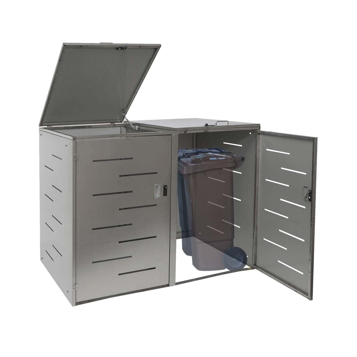 Bild 1 von XL 2er-/4er-Mülltonnenverkleidung MCW-E83, Mülltonnenbox, erweiterbar 116x141x98cm ~ Edelstahl 50kg