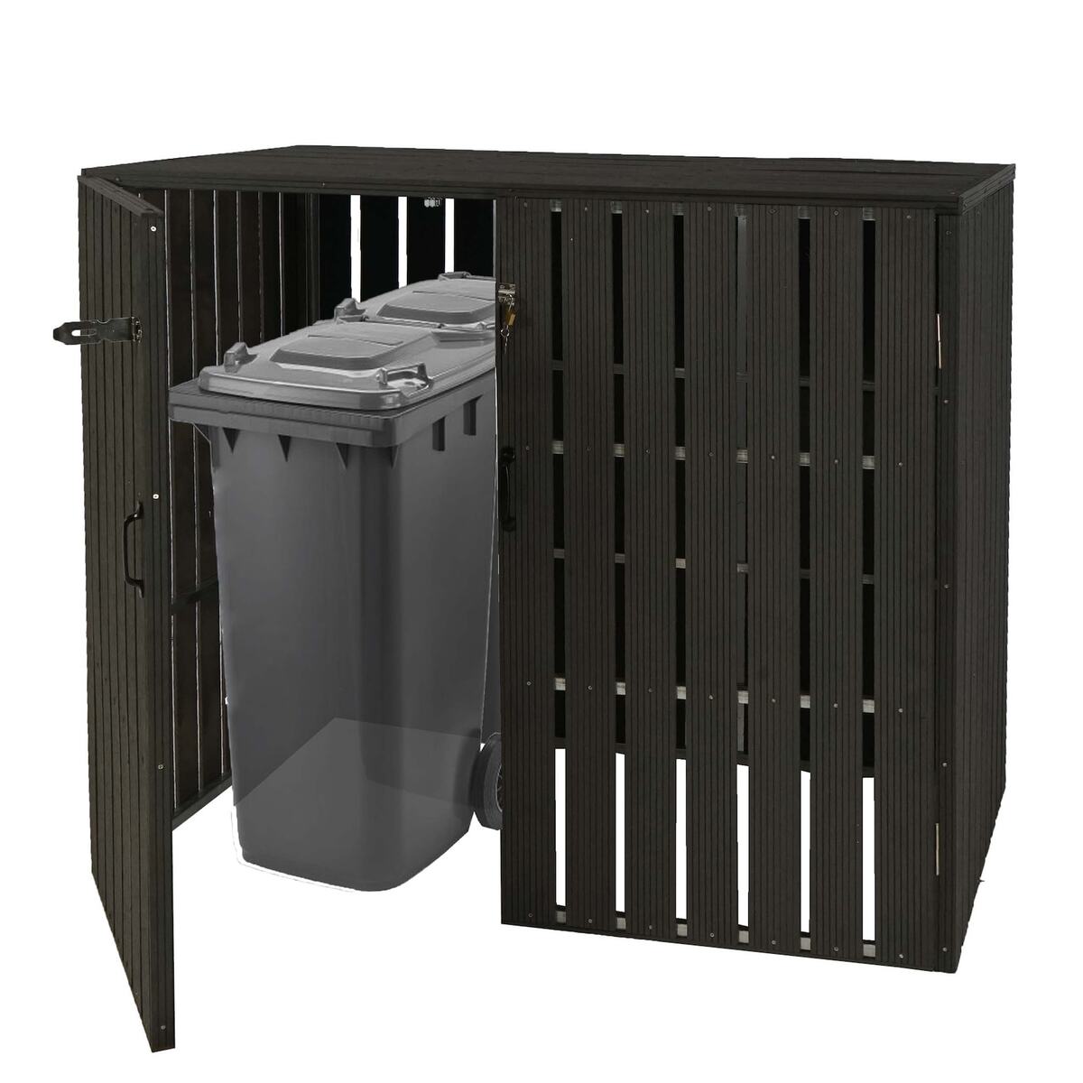 Bild 1 von XL 2er-/4er-WPC-Mülltonnenverkleidung MCW-J28, Mülltonnenbox, Metall Holzoptik, erweiterbar ~ anthrazit