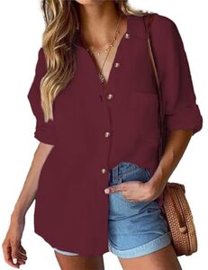 HOTOUCH Damen Hemd Freizeit Bluse Baumwolle Langarmshirt Elegant Hemdbluse zum Knöpfen V-Ausschnitt Casual Arbeit Shirt S-XXL