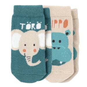 2 Paar Newborn Socken mit Tier-Motiven DUNKELTÜRKIS / BEIGE