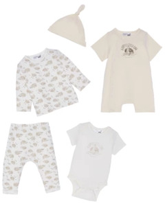 Newborn Mütze + Langarmshirt + Strampler + Body + Hose, Ergee, 5-tlg. Set, weiß