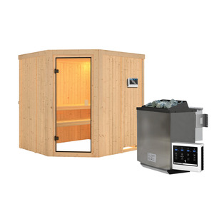 Karibu Elementsauna 'Varberg' natur 9 kW Bio-Ofen, Steuerung Easy, Glastür, Zubehörpaket  178 x 196 x 198 cm