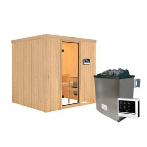 Karibu Elementsauna 'Halmstadt' natur 9 kW Ofen, Steuerung Easy, Glastür, Zubehörpaket 178 x 196 x 198 cm