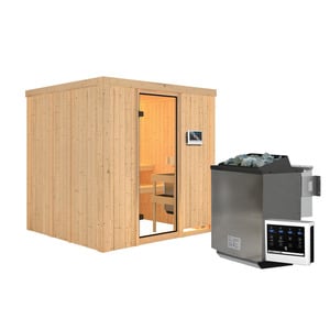 Karibu Elementsauna 'Halmstadt' natur 9 kW Bio-Ofen, Steuerung Easy, Glastür, Zubehörpaket 178 x 196 x 198 cm