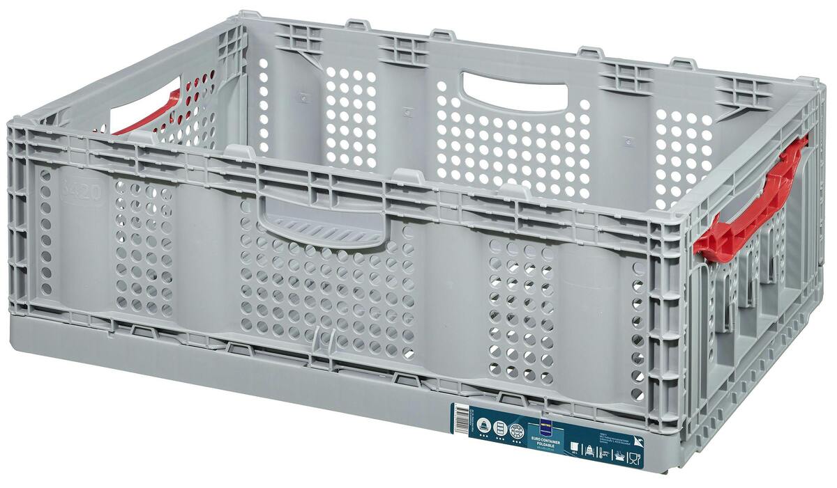 Bild 1 von METRO Professional Eurobox, PP,  60 x 40 x 22 cm, 40 L, perforiert, klappbar, mit Handgriff, max. Produktbelastung 20 kg, grau