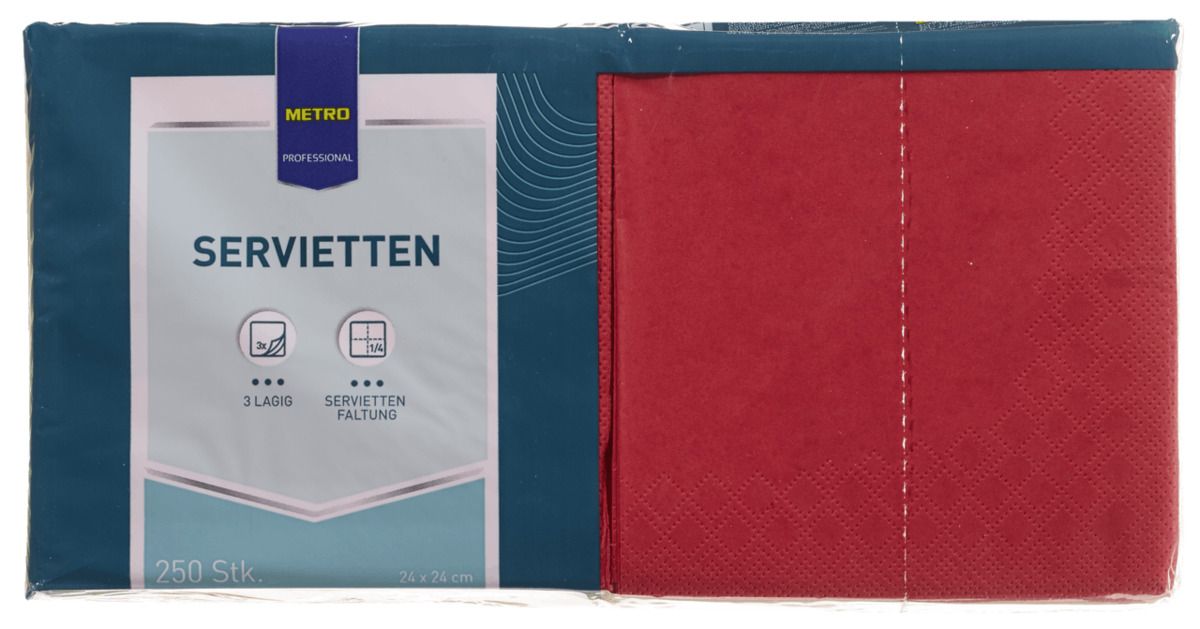 Bild 1 von METRO Professional Zelltuch-Servietten, 24 x 24 cm, 1/4 Falz, 3-lagig, rot, 250 Stück