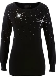 Long-Pullover mit Glitzersteinen, 36/38, Schwarz