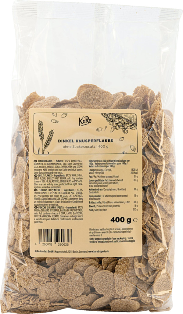 Bild 1 von KoRo Dinkel Knusperflakes ohne Zuckerzusatz, 400 g