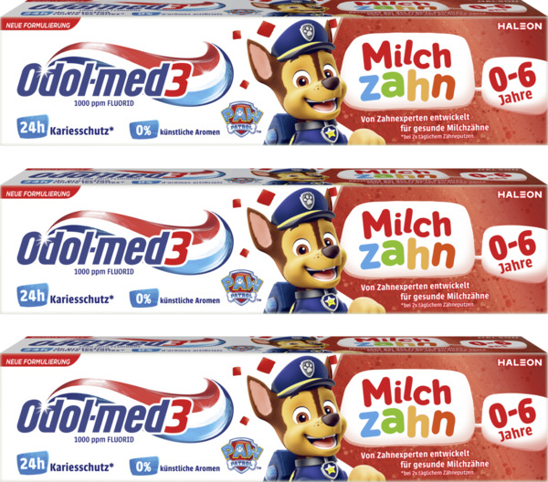 Bild 1 von Odol med3 3x50 ml Milchzahn Zahnpasta bis 6 Jahre, 150 ml