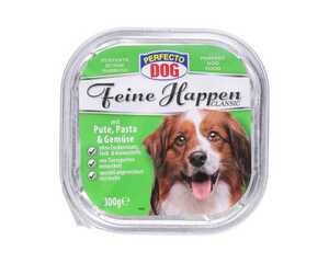 Perfecto Dog Feine Happen Hundefutter 300 g Aluschale  Pute, Pasta und Gemüse