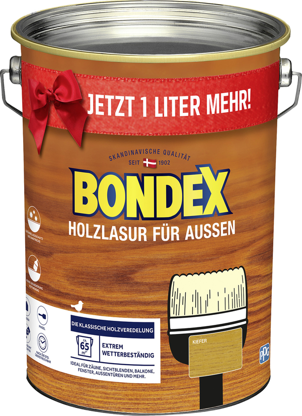 Bild 1 von Bondex Holzlasur für Aussen 4+1 l kiefer Jetzt 1 L mehr !