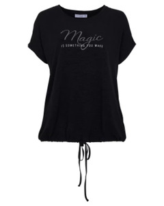 T-Shirt mit Schriftzug, Janina curved, Tunnelzug am Saum, schwarz