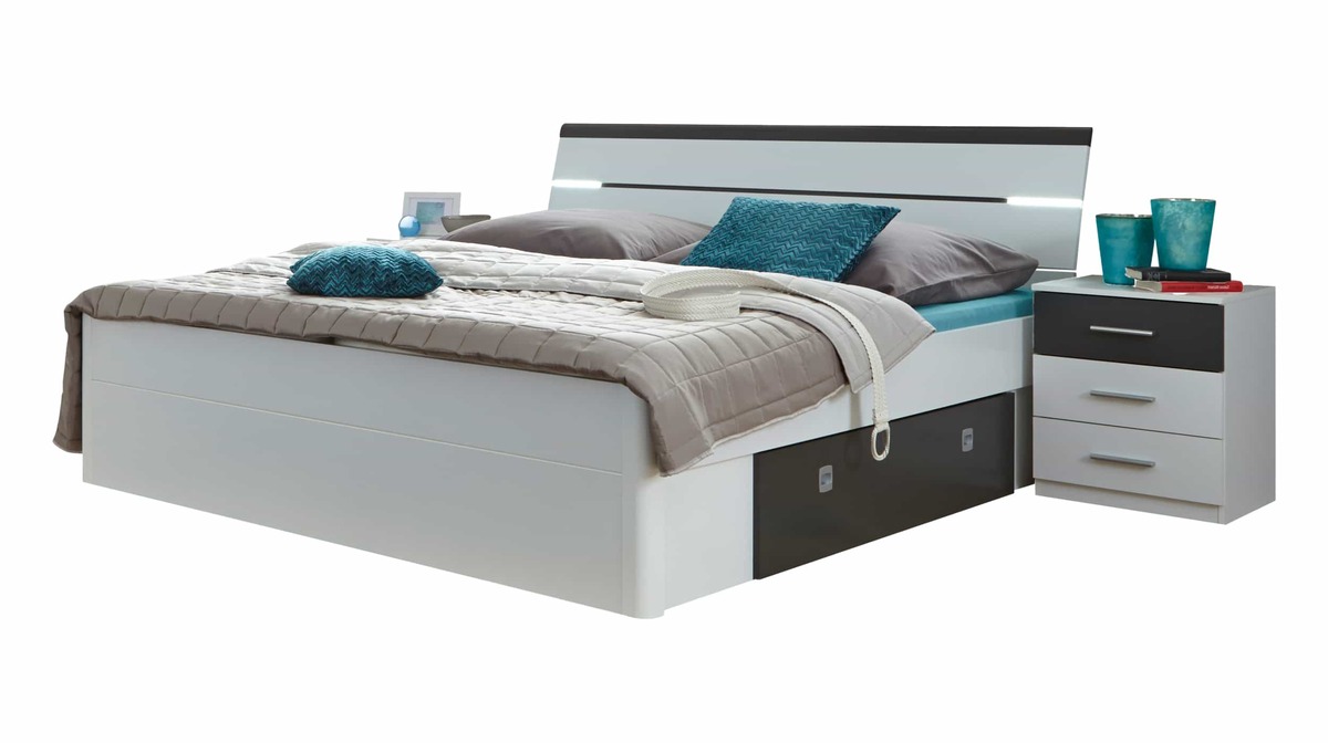 Bild 1 von Bettanlage 180 x 200 cm weiß - graphit - 2 Nachttische - JANNE