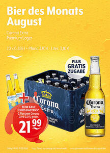 Bier des Monats August Corona Extra
Premium LagerGratis-Zugabe beim Kauf eines Kastens: 2 Flaschen Corona Cero 0,0 % zzgl. Pfand, nur solange der Vorrat reicht