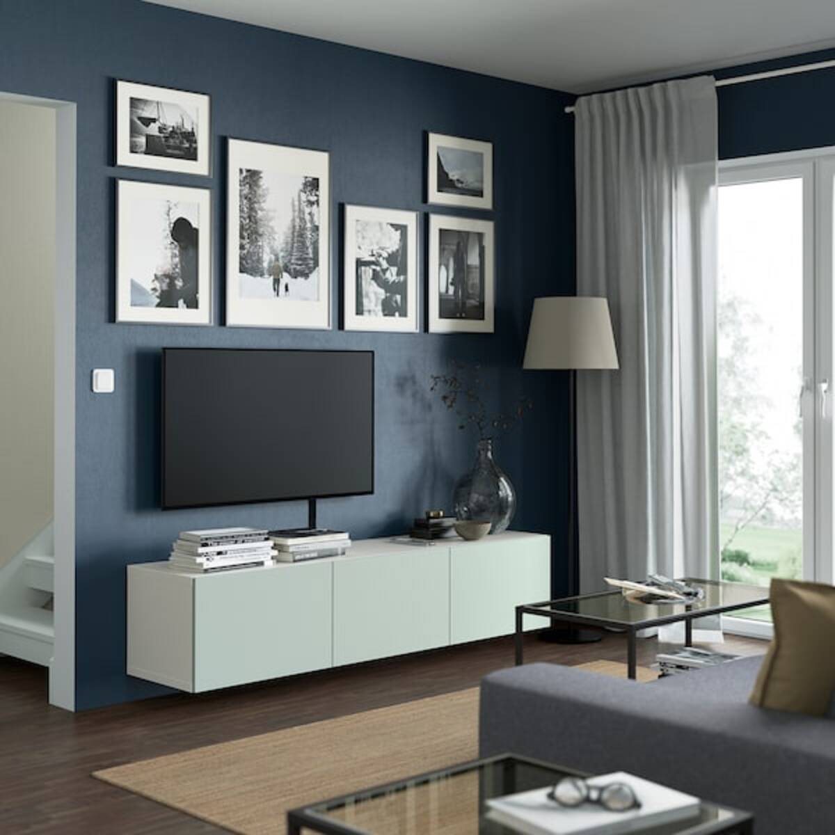 Bild 3 von BESTÅ  TV-Bank mit Türen, weiß/Hjortviken blasses Graugrün 180x42x38 cm