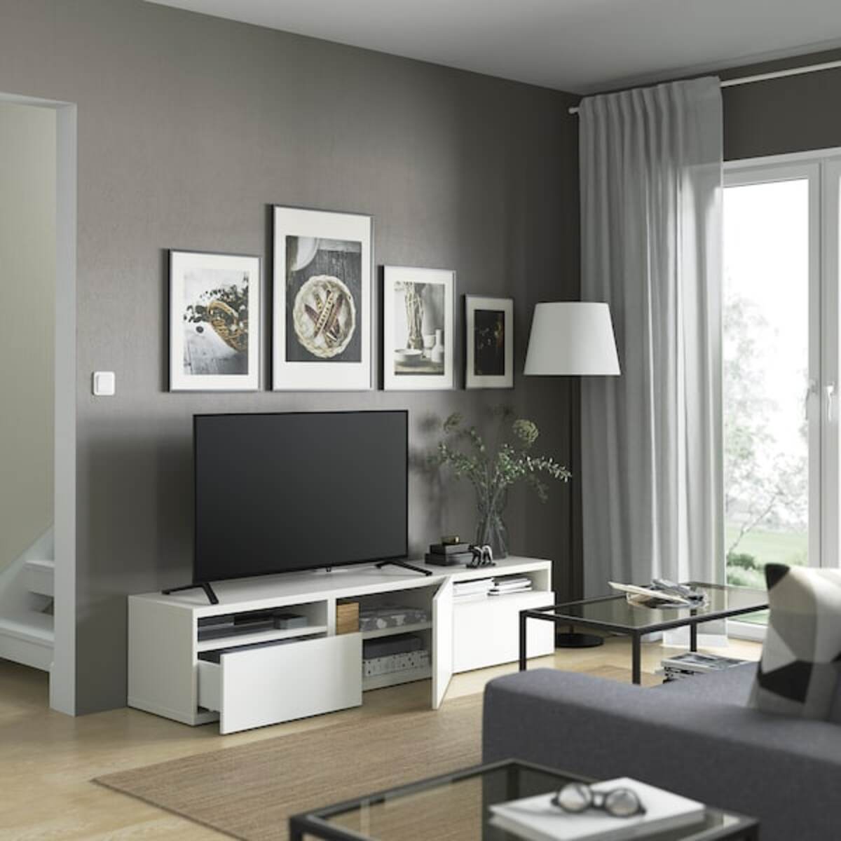 Bild 2 von BESTÅ  TV-Bank mit Schubladen und Tür, weiß/Laxviken weiß 180x42x39 cm