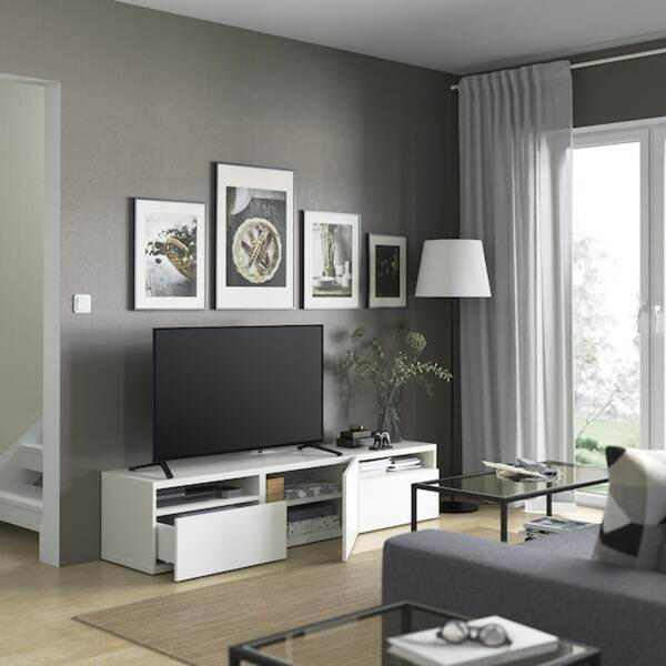 Bild 2 von BESTÅ  TV-Bank mit Schubladen und Tür, weiß/Laxviken weiß 180x42x39 cm