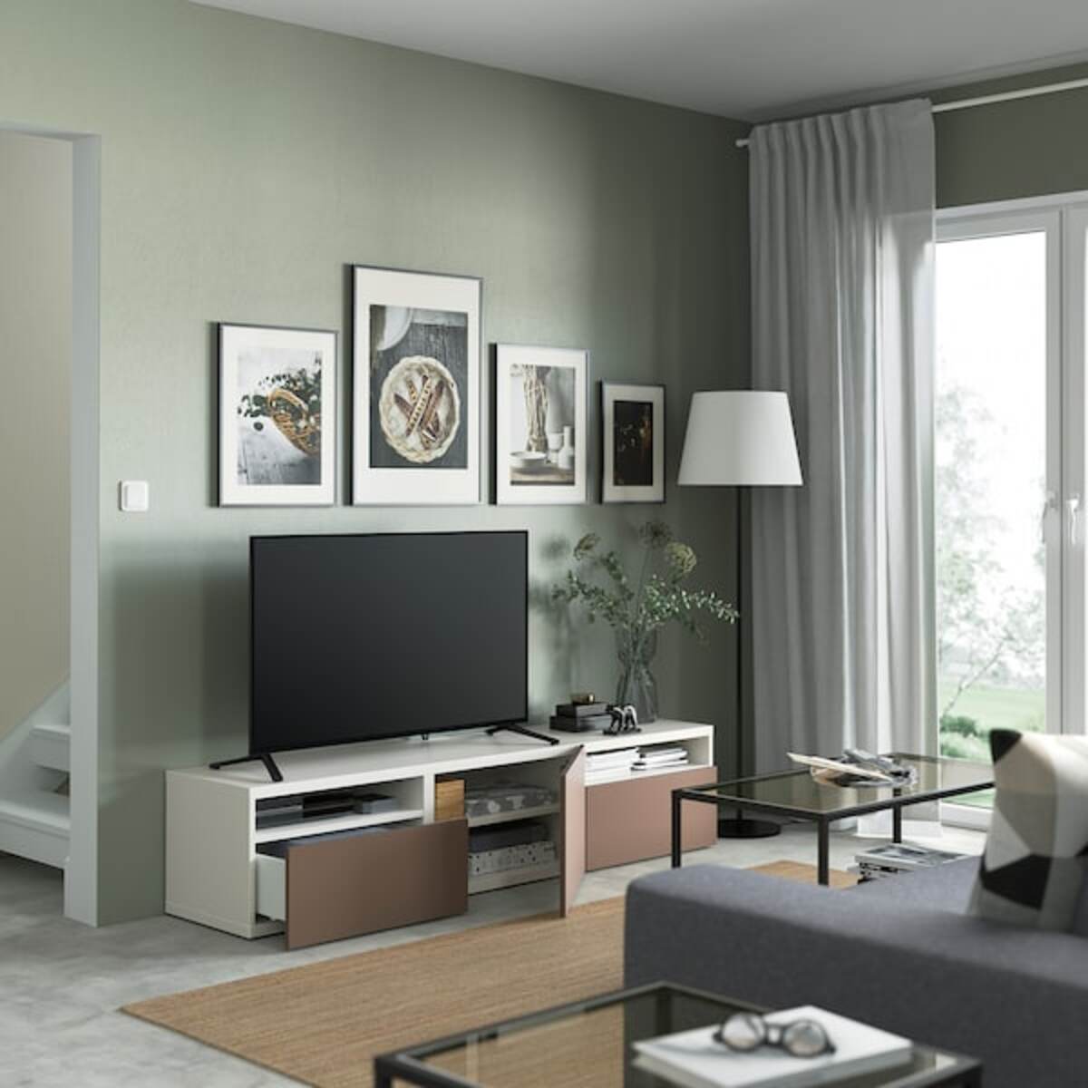 Bild 2 von BESTÅ  TV-Bank mit Schubladen und Tür, weiß/Lappviken hell graubraun 180x42x39 cm