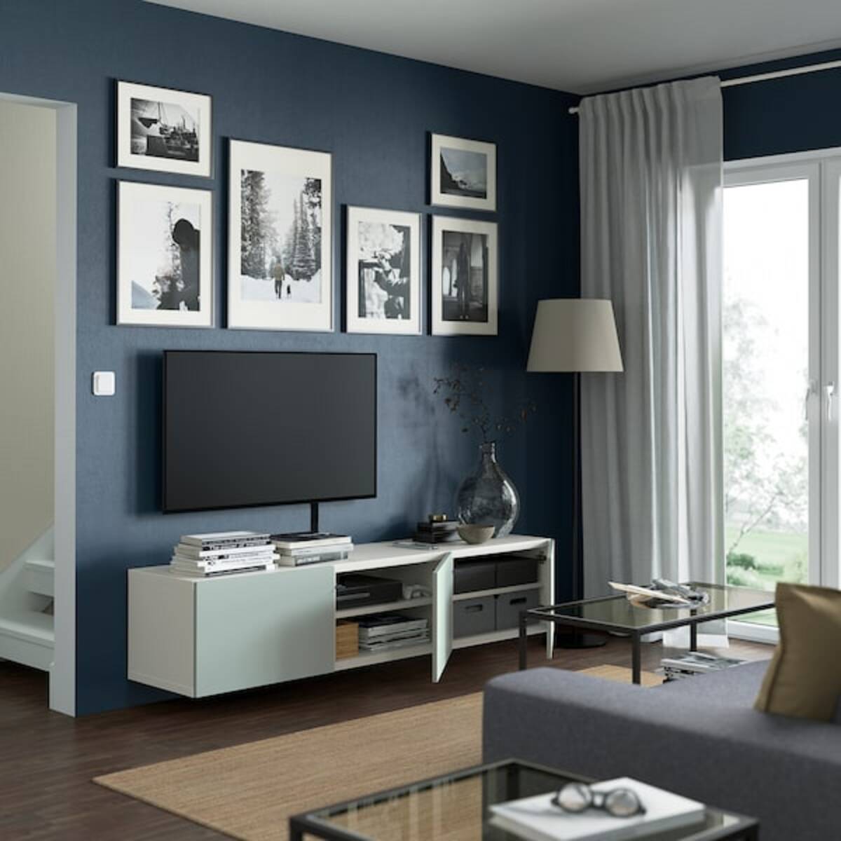 Bild 2 von BESTÅ  TV-Bank mit Türen, weiß/Hjortviken blasses Graugrün 180x42x38 cm