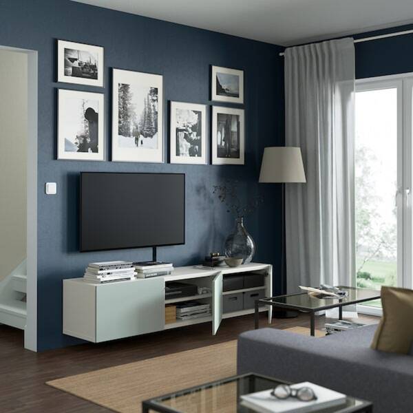 Bild 2 von BESTÅ  TV-Bank mit Türen, weiß/Hjortviken blasses Graugrün 180x42x38 cm