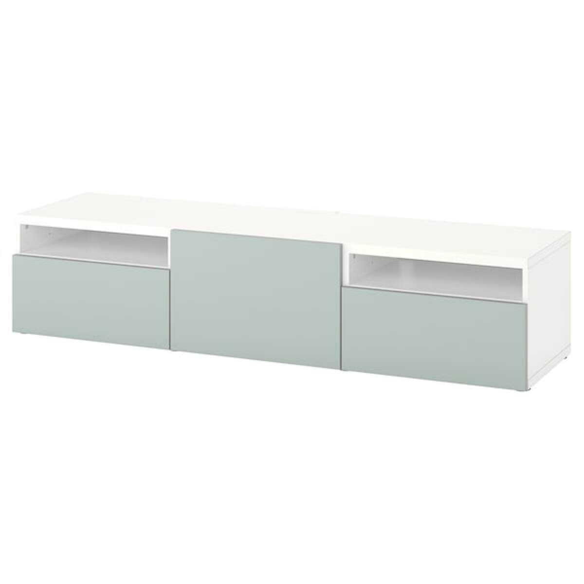 Bild 1 von BESTÅ  TV-Bank mit Schubladen und Tür, weiß/Hjortviken blasses Graugrün 180x42x39 cm