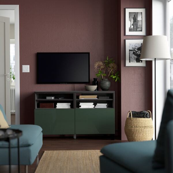 Bild 2 von BESTÅ  TV-Bank mit Türen, schwarzbraun/Selsviken/Stubbarp dunkel olivgrün 120x42x74 cm