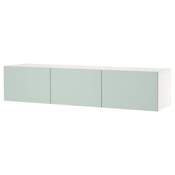 Bild 1 von BESTÅ  TV-Bank mit Türen, weiß/Hjortviken blasses Graugrün 180x42x38 cm