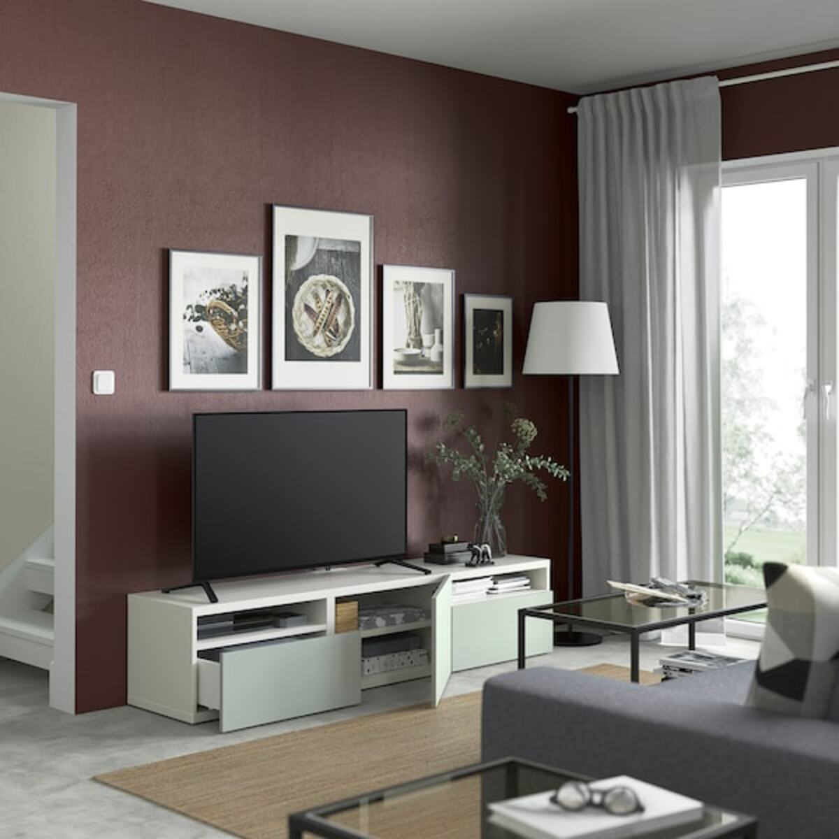 Bild 2 von BESTÅ  TV-Bank mit Schubladen und Tür, weiß/Hjortviken blasses Graugrün 180x42x39 cm