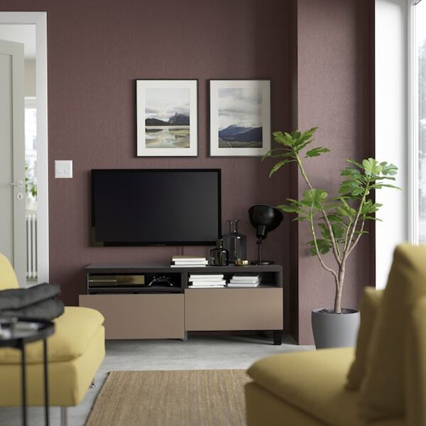 Bild 2 von BESTÅ  TV-Bank mit Schubladen, schwarzbraun/Lappviken/Stubbarp hell graubraun 120x42x48 cm