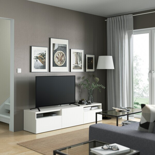 Bild 3 von BESTÅ  TV-Bank mit Schubladen und Tür, weiß/Laxviken weiß 180x42x39 cm